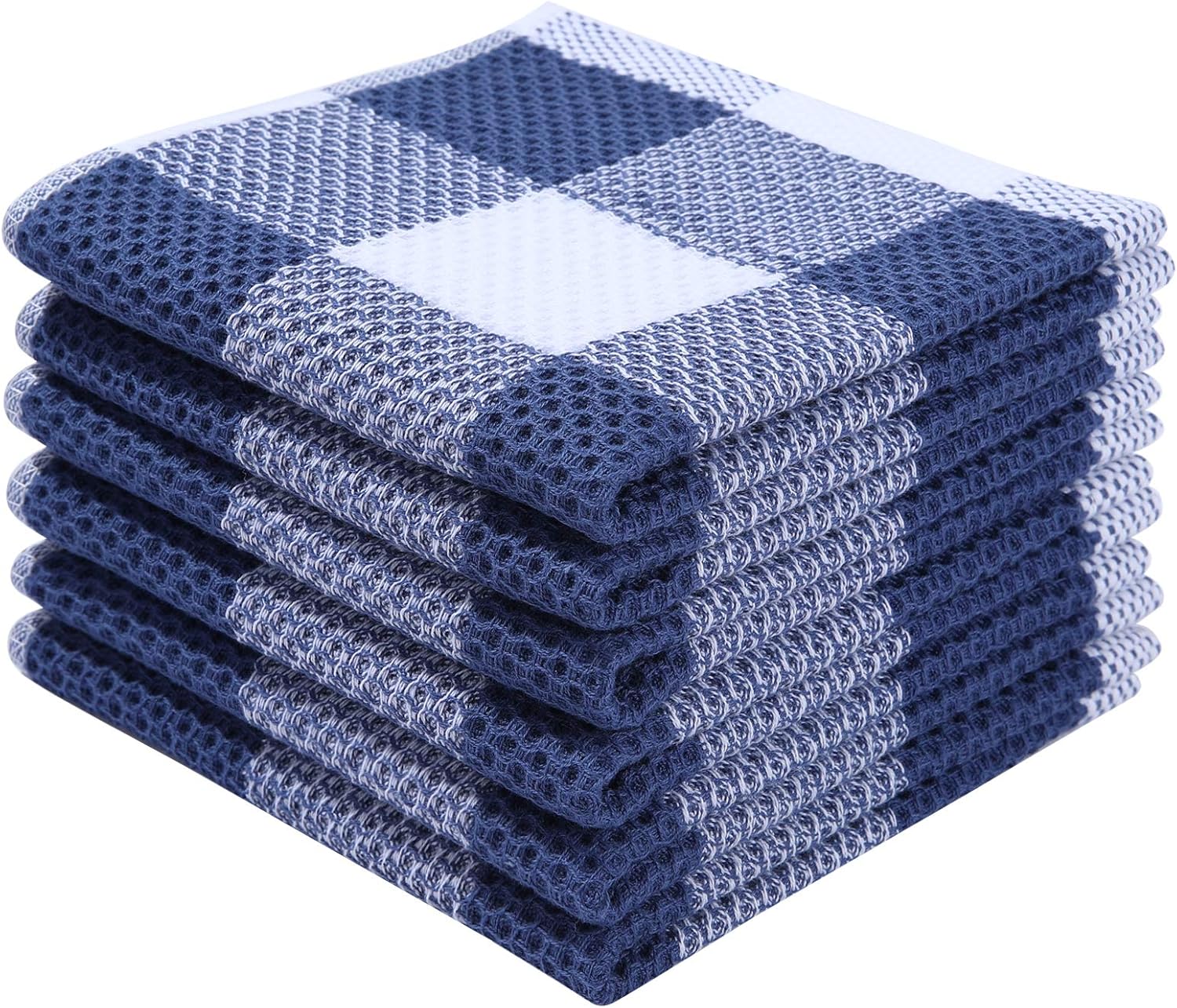 100% Cotton Check Plaid Kitchen Dish Cloths, 6 Pack Waffle Weave Dish Towels for Drying Dishes Ultra Soft Absorbent Kitchen Towels Perfect for Household Kitchen Decor, 12 X 12 Inch, Navy Blue Check