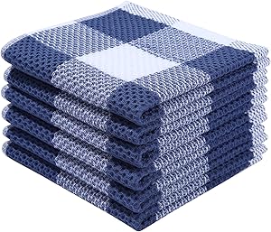 100% Cotton Check Plaid Kitchen Dish Cloths, 6 Pack Waffle Weave Dish Towels for Drying Dishes Ultra Soft Absorbent Kitchen Towels Perfect for Household Kitchen Decor, 12 X 12 Inch, Navy Blue Check