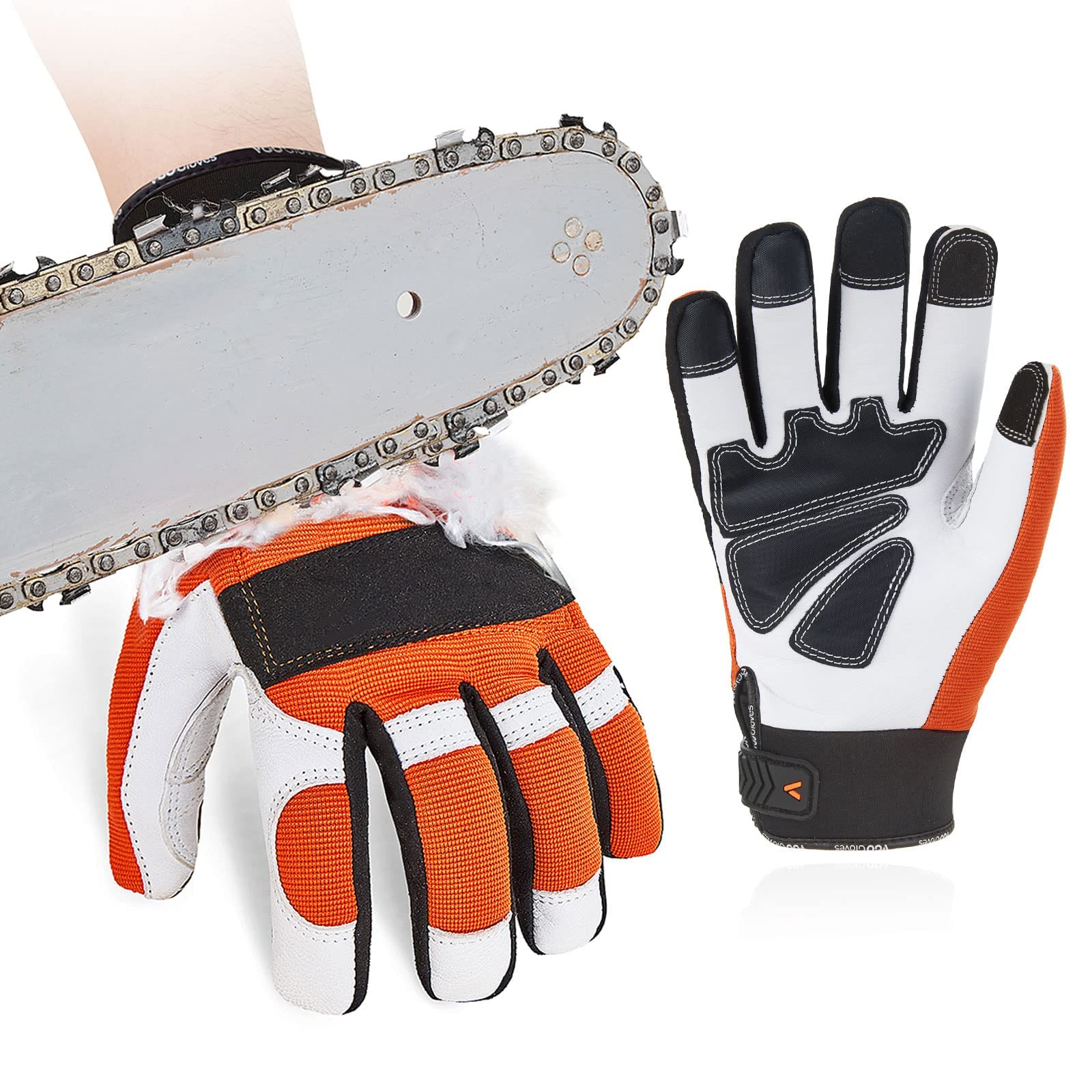 Vgo... Chainsaw Gloves 12-Layer Protection on Left Hand, Safety Forestry Work Gloves with Touchscreen in Goat Leather(S,Orange,1Pair) — image 1
