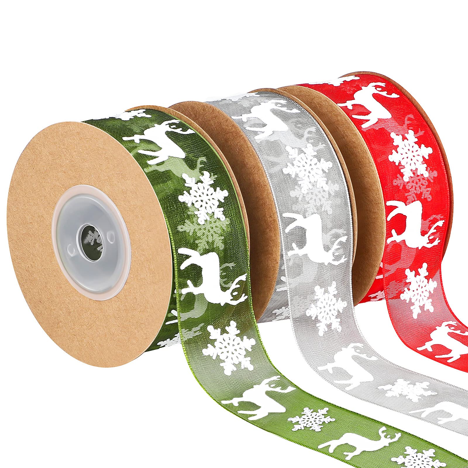 Fovths 3 Rolls 30 M Christmas Ribbon Gift Wrapping Ribbons Organza Ribbon Xmas Theme With Snowflake Elk in 3 Colors for Gift Wrapping, 25mm Wide