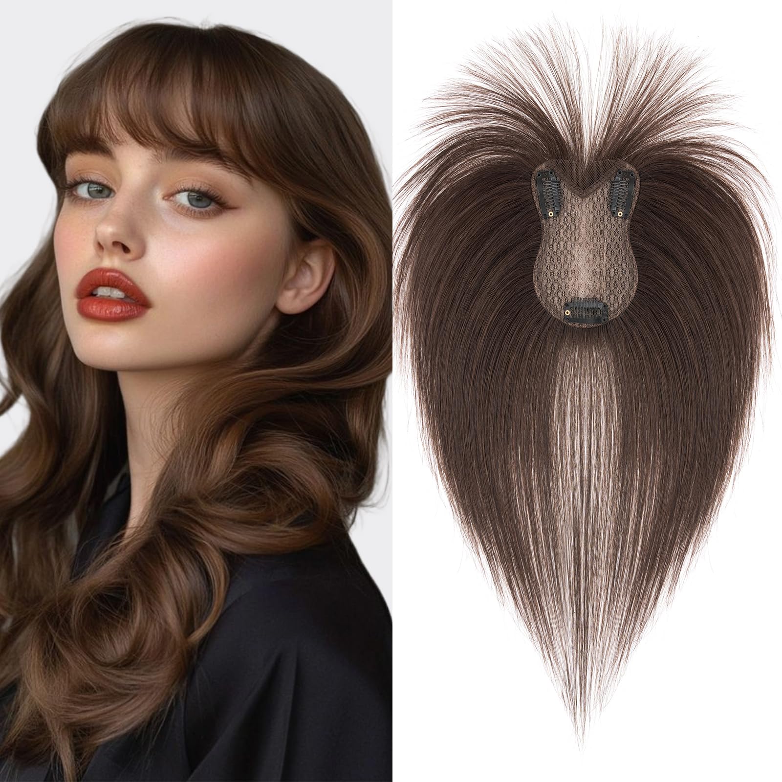 S-noilite Hair Toppers for Women Human Hair 8x11cm - Silk Base Human Hair Topper with bangs for thinning hair 21g Dark Brown #2-11"