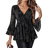 Lotusmile Women's Dressy Blouses Ruffle 3/4 Sleeve Peplum Sparkly Tops
