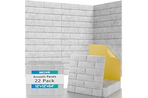 22 Pack Brick Acoustic Panels with Self Adhesive, 12" x 12" x 0.4" High Density Sound Absorbing Foam Panels for Walls, Noise 