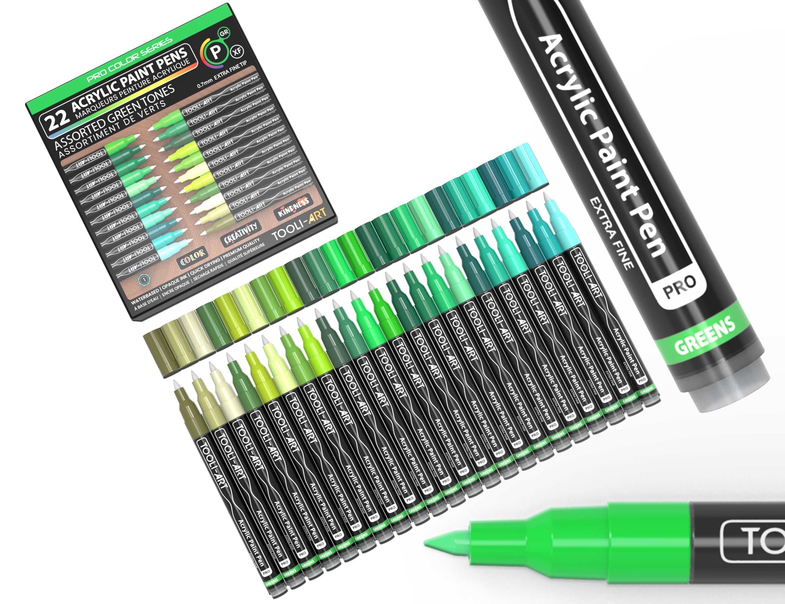 Acrylic Paint Pens 22 Green Tones Assorted Pro Color Series Markers Set 0.7mm Extra Fine Tip for Rock Painting, Glass, Mugs, Wood, Metal, Canvas, Projects, Non Toxic, Waterbased, Quick Drying