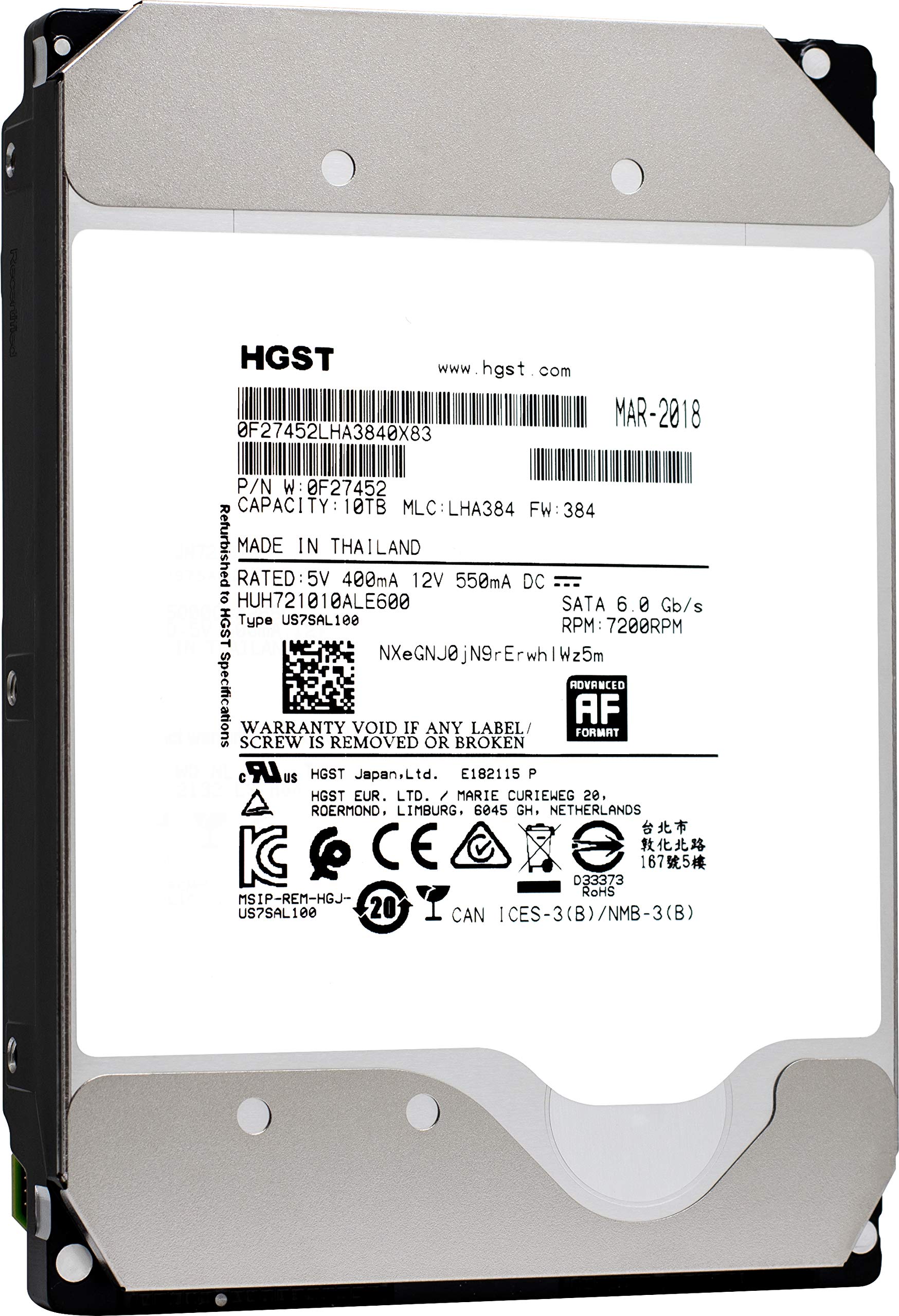HGST Ultrastar He10 | HUH721010ALE600 | 0F27452 | 512e | 10TB SATA 6.0Gb/s 7200 RPM 256MB Cache 3.5-inch | Enterprise Hard Drive HDD (Renewed)