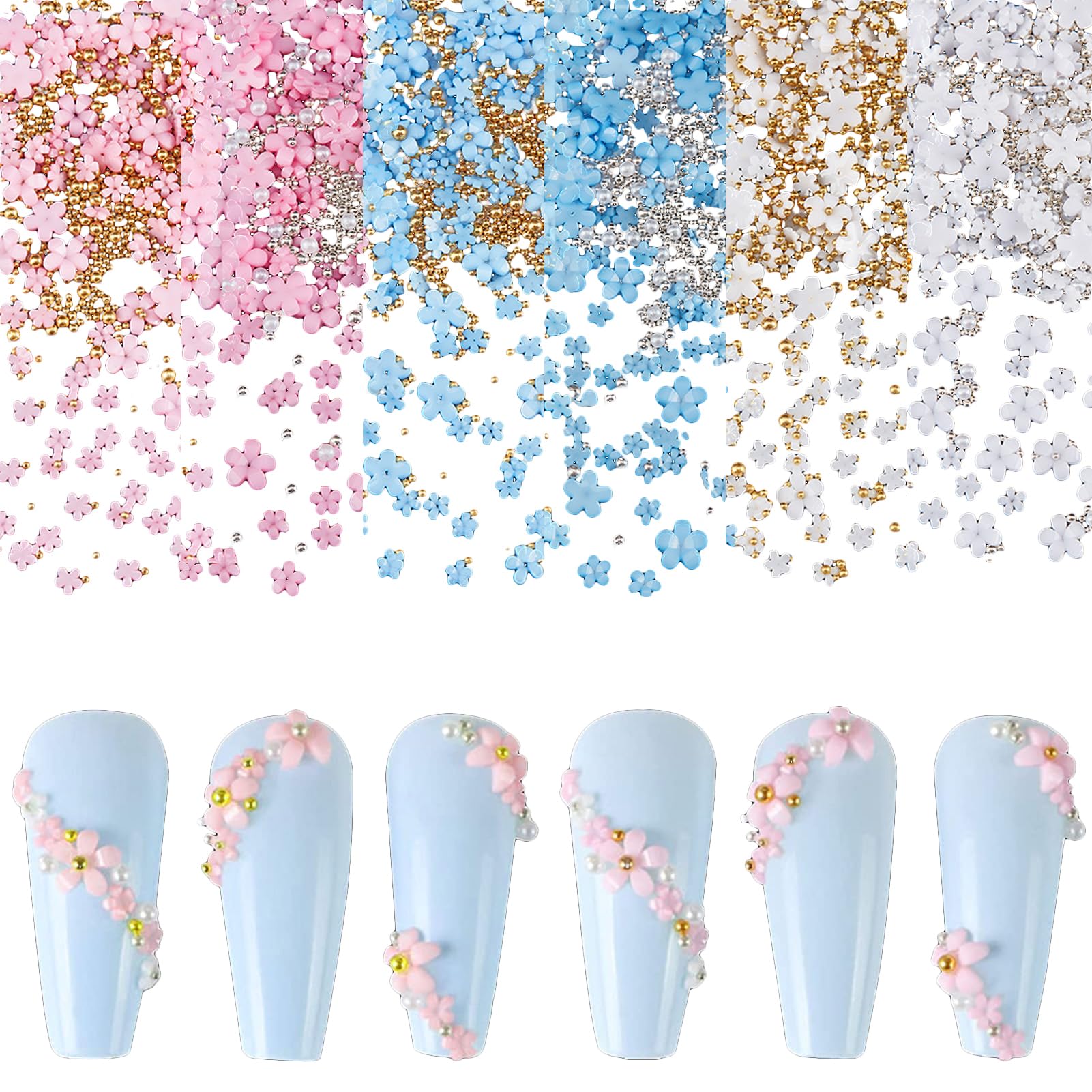 NICENEEDED 6 Bags Flower Nail Art Charms with Gold & Silver Beads, 1000Pcs 3D Five-Petal Flower Ornaments Nail Gems for Women Girls DIY Nail Design Nail Art Supplies