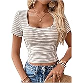 SOLY HUX Women's Striped Knit Tops Square Neck Short Sleeve Ruched Tee Slim Fitted Summer T Shirt