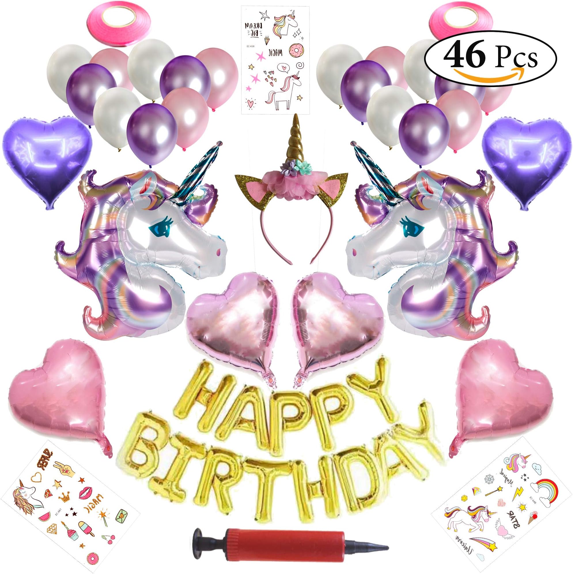 Unicorn Birthday Party Decorations 46 Pcs Set - Happy Birthday 16 Inch Letters Latex Balloons & Pink and Purple Foil Unicorns