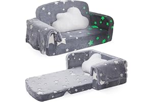 Foryoomi Extra Wide Kids Couch, 2-in-1 Soft Couch with Blanket, Glow in The Dark, Comfy Chair with Cloud Pillow, Convertible Sofa, Star
