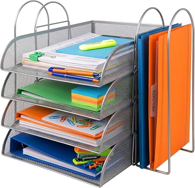 Tabuleiro de Documentos Metálico A4, 4 níveis, 2 estantes para carregadores, 33 x 40,5 x 33,5 cm, Organizador, prateado