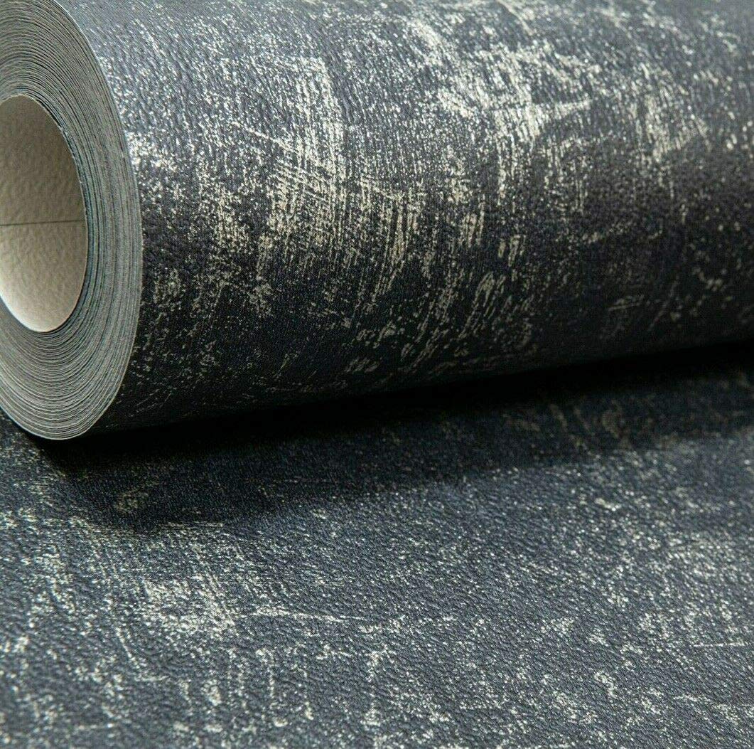 Muriva Travis Texture Charcoal Wallpaper Black Gold Metallic Silver Distressed Industrial