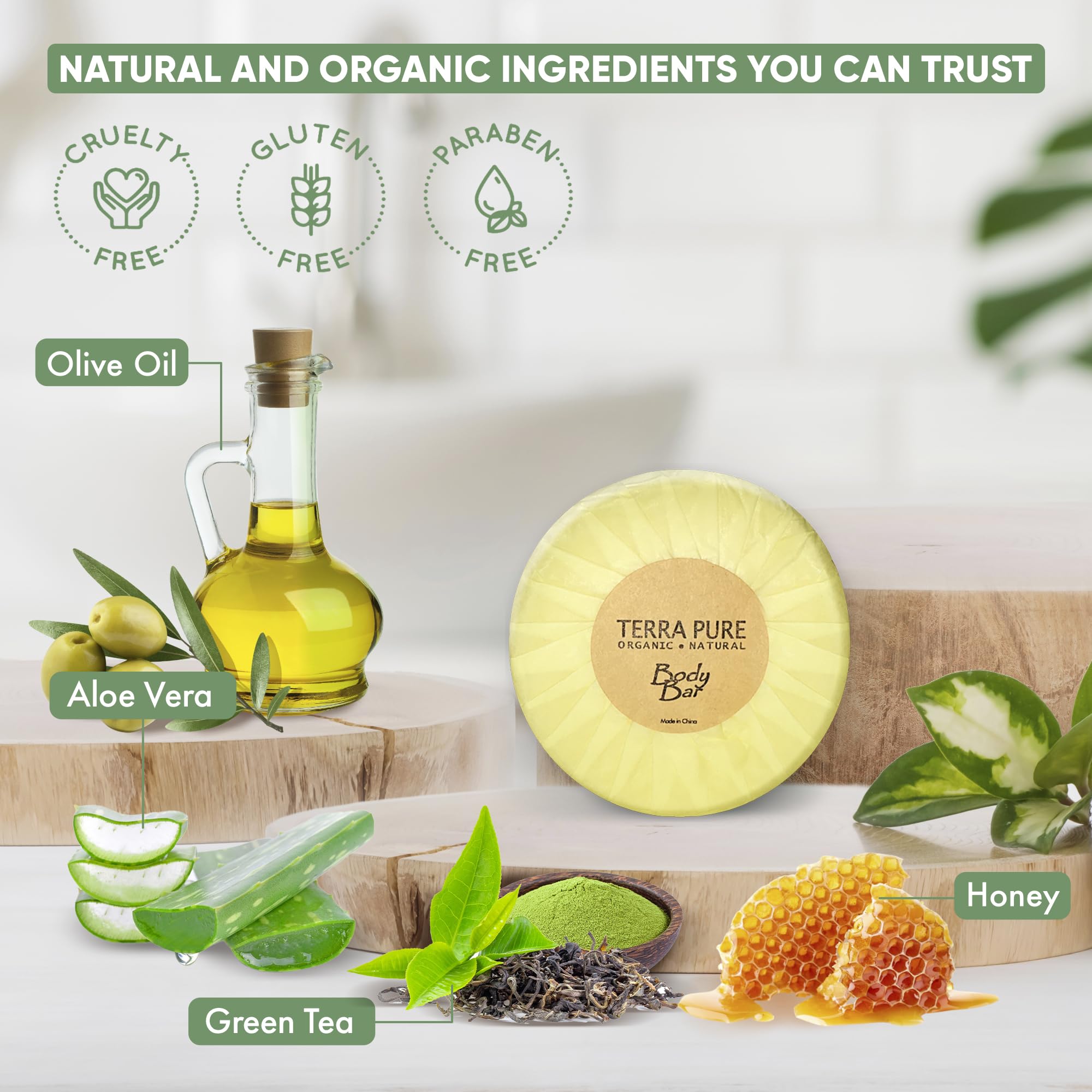 Terra Pure Green Tea Bar Soap, Travel Size Hotel Amenities - Bulk Set for Hotel Essentials | 1.25 oz Bar Soap | Half Pallet 18 cases with 350 units each - 6,300 pieces