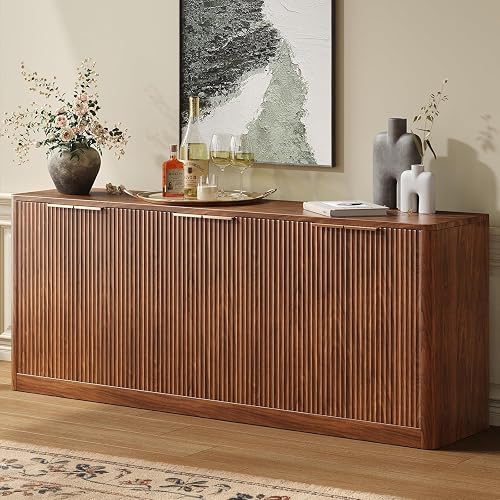 Evermagin 67" Fluted Walnut Buffet Cabinet with Storage | Mid-Century Modern Wood Sideboard, Large Credenza With 6 Doors for Kitchen or Living Room, 67"W x 31.5"H x 15.7"D
