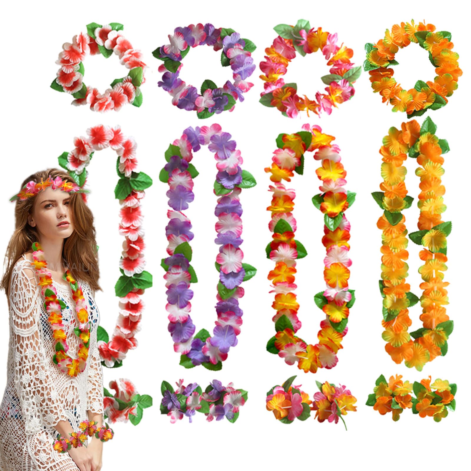 MIVAIUN 16 Pieces Hawaiian Leis Party Decorations, Hawaiian Flower Necklace Flowers Headband Bracelets for Tropical Hawaiian Party Beach Party Hawaiian Night Bar Vacation. (Multicolor)