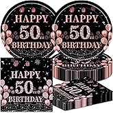 40Pcs Black and Pink 50th Birthday Party Decorations - Happy 50th Birthday Plates Napkins Set for 20 Guests