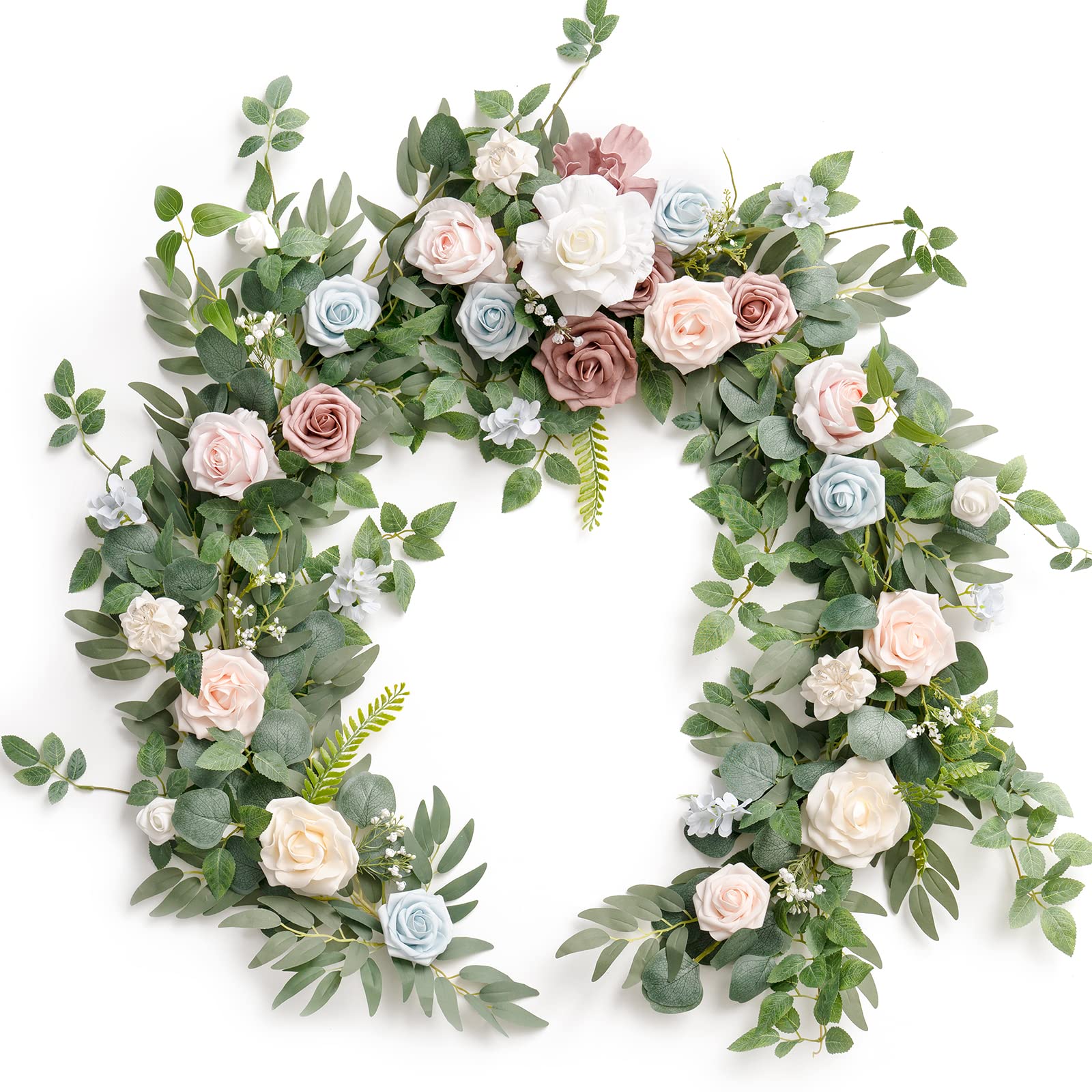 Photo 1 of Ling's Moment Flower Garland - 6FT Eucalyptus & Rose - Sweetheart Table Decor for Wedding Reception, Artificial Floral Garland for Mantle, Thanksgiving, Christmas Decoration, Blush Powder Blue