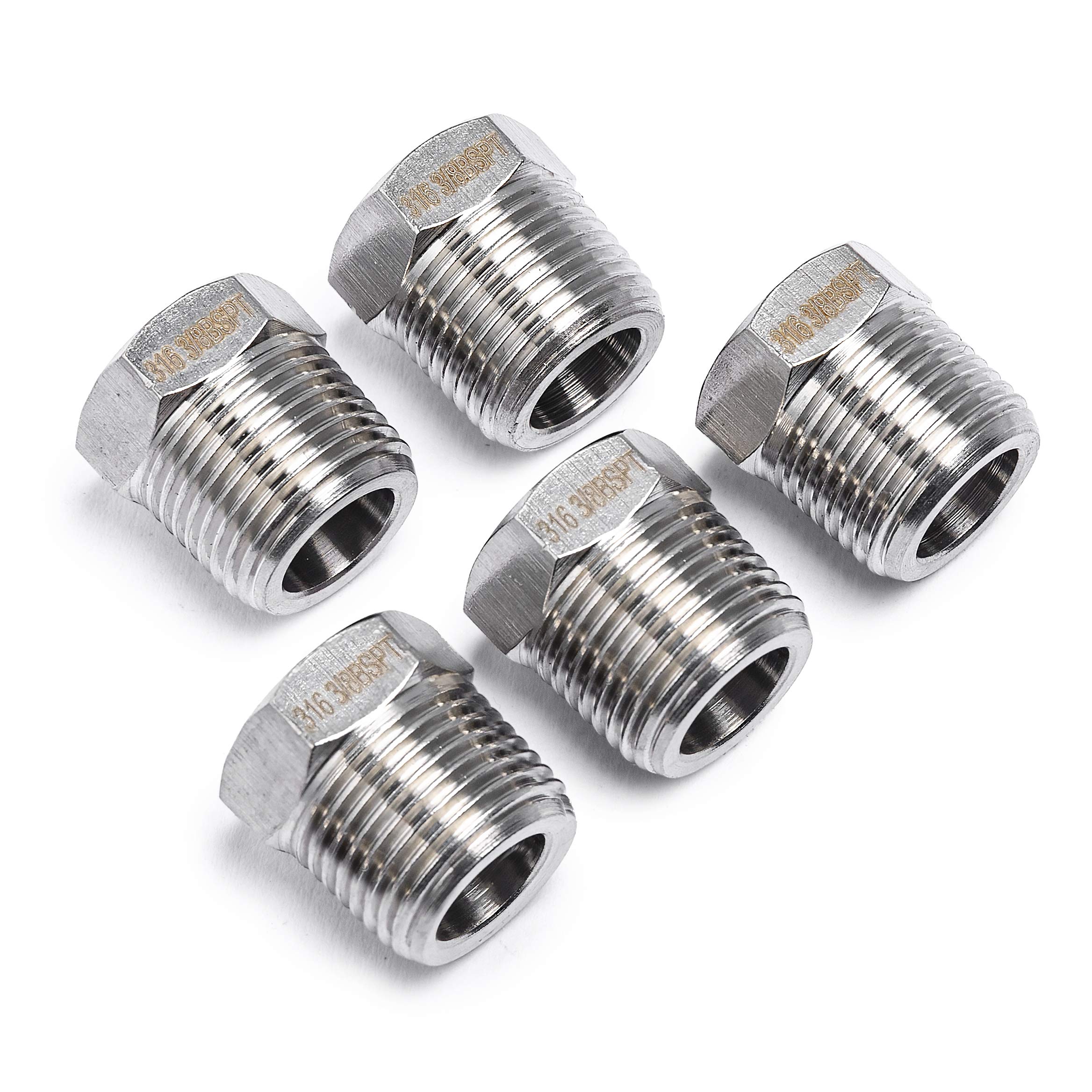 LTWFITTING Stainless Steel 316 Pipe Hex Head Plug Fittings 3/8-Inch Male BSPT Air Fuel Boat (Pack of 5)