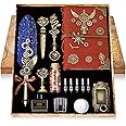AIYNC Quill Pen and Ink Set, Feather Pen Ink Set With Quill Pen, Notebook, 5 Replaceable Nibs, Seal Stamp, Spoon, Wax Beads, White Wax, Ink, Pen Holder, Cup, Envelope,Letter Paper,Envelope Tool(Blue)