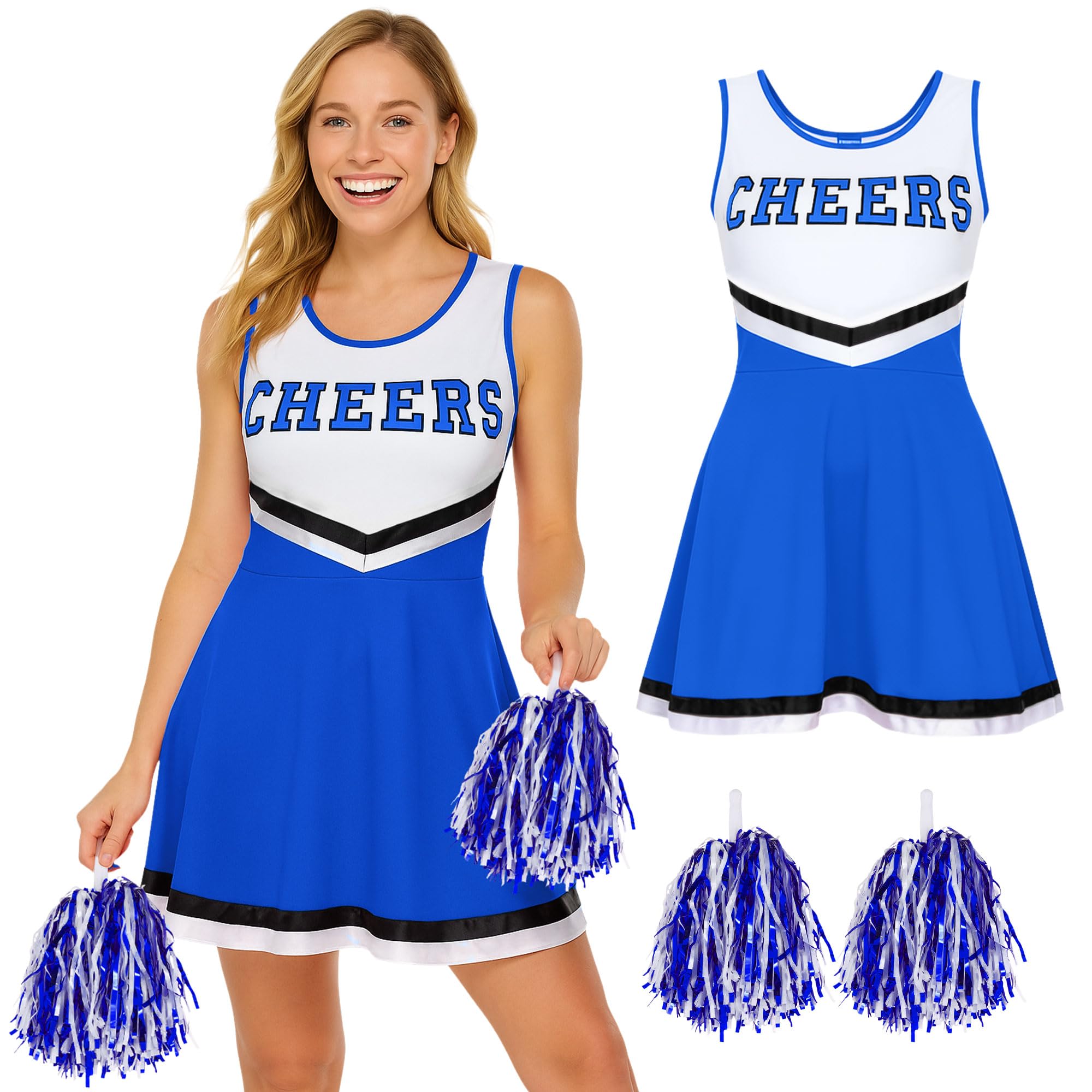 Cheerleader Outfit Adult with Pom Poms - Adult Cheerleader Costume Women Fancy Dress Costume - Ladies Cheerleading Outfit with PomPoms - Cheerleading Halloween Fancy Dress for Women