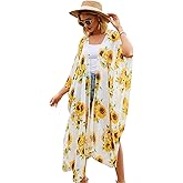 Hibluco Women's Long Floral Kimono Printed Cardigan Sheer Swimsuit Cover Ups-X-Large-N7