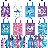 Photect 32 Pieces Snowflake Party Favors Bags Bulk with Handles Winter Reusable Non Woven Gift Bags Winter Treat Goodie Candy Pouches for Snowflake Birthday Baby Shower Holiday Party Supplies