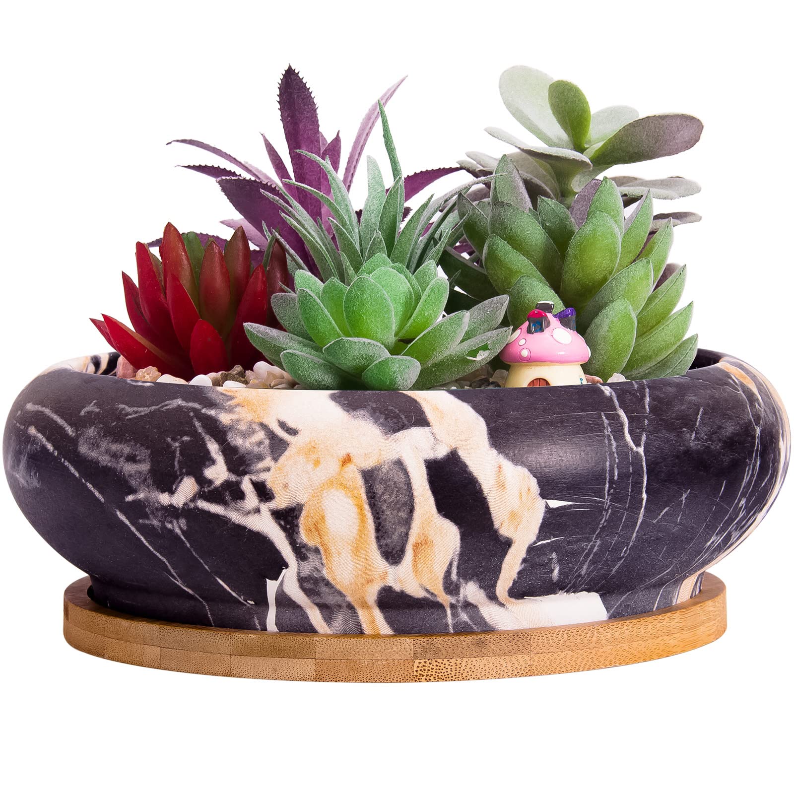 ARTKETTY Succulent Plant Pots, 18.5CM Large Bonsai Pot with Drainage Tray Marble Cactus Plant Pot Ceramic Pots for Indoor/Outdoor Flower Plants Shallow Planter Container Bowl for Home Office Decor