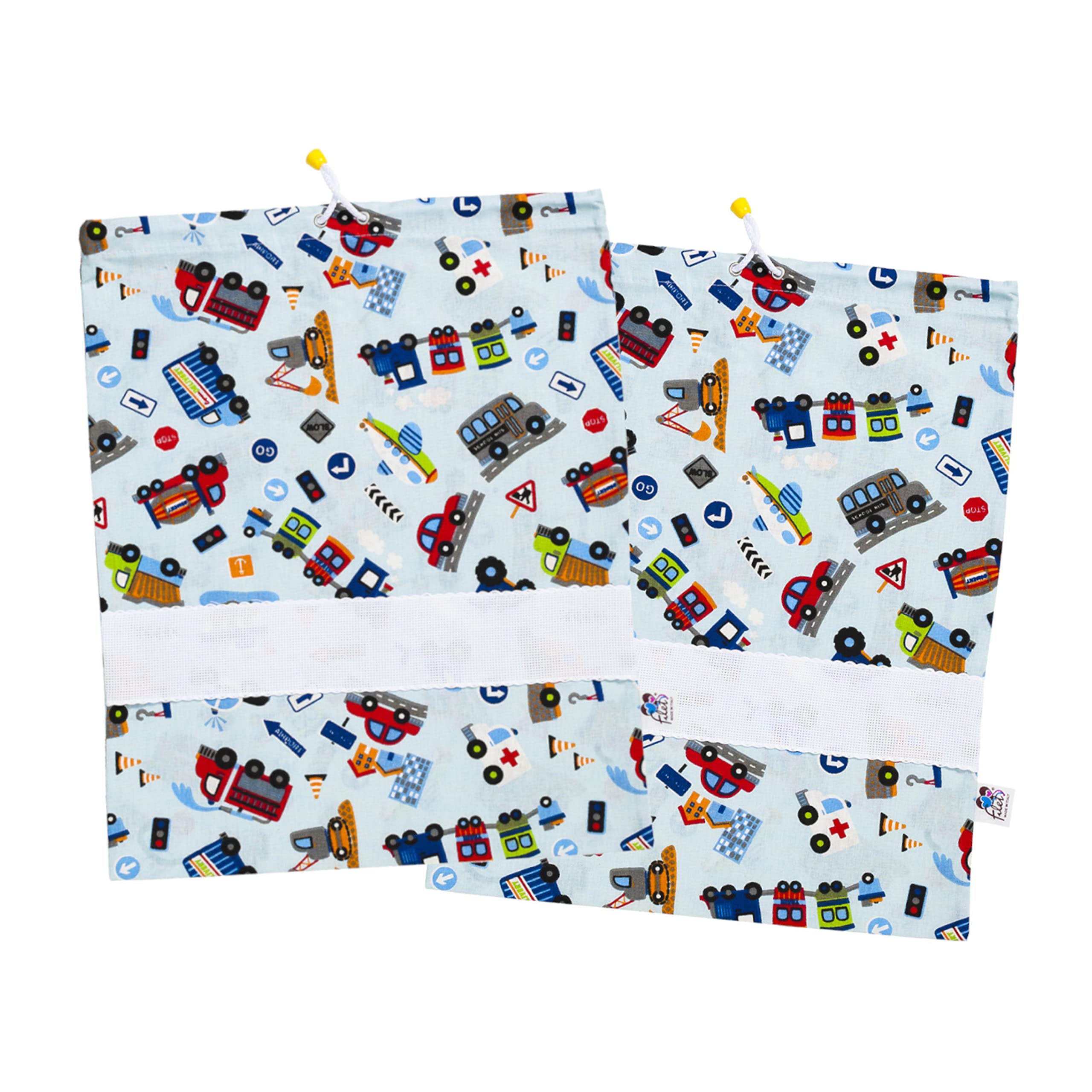 FILET - Set of Two Printed Cotton Nursery Bags, Changing Bags, Layette Bags, Shoe Bags, with Aida Canvas Embroidery, Made in Italy, 42 x 34 cm, Sky Car Pattern