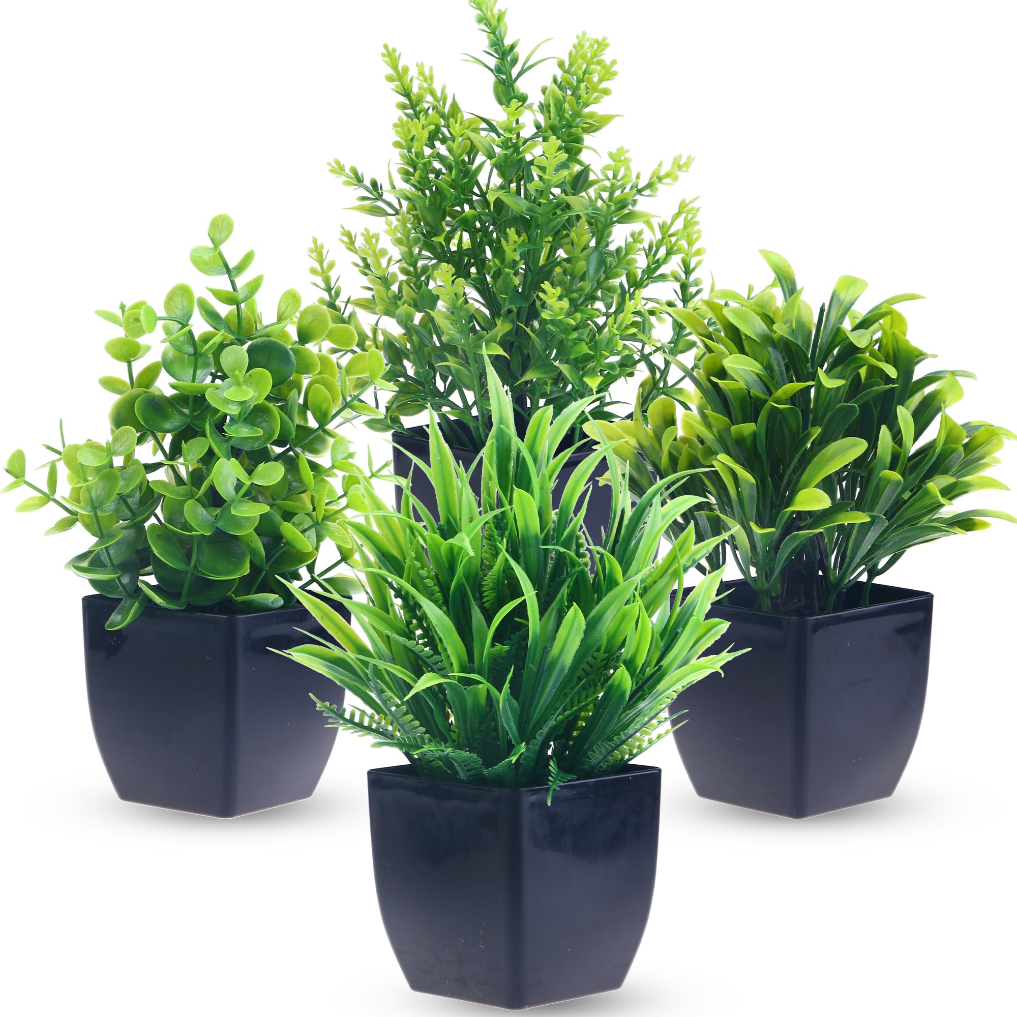 Photo 1 of GREENTIME 4 Pack Fake Plants in Black Pot Mini Artificial Eucalyptus Potted Plant Small Faux Grass Greenery Potted for Indoor Home Office Farmhouse Bathroom Table Decoration