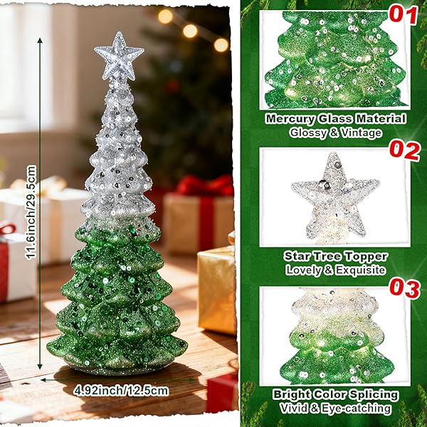 2 PCS MERCURY GLASS CHRISTMAS TREE FOR TABLETOP LIGHT UP CHRISTMAS DECOR 11.6″ ILLUMINATED GLASS XMAS TREE BATTERY OPERATED XMAS TABLE CENTERPIECE FOR HOME FIREPLACE FESTIVE DECOR GIFT(SILVER)