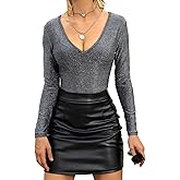 BelleLovin Womens Long Sleeve Bodysuit Solid Color Sexy V neck Slim Elastic Glitter Body suits tops Clubwear