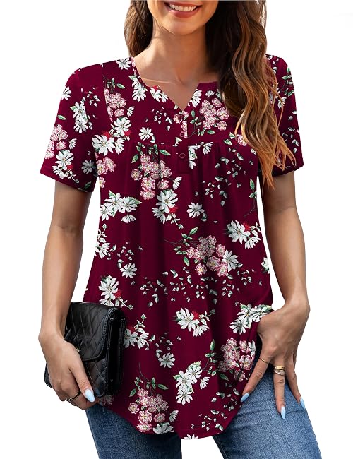 GingDin Ladies Tops Plus Size Summer Tunic Short Sleeve Henley V Neck Shirt and Blouse for Women Party Top Fashion Trendy Clothes Red Tops Large
