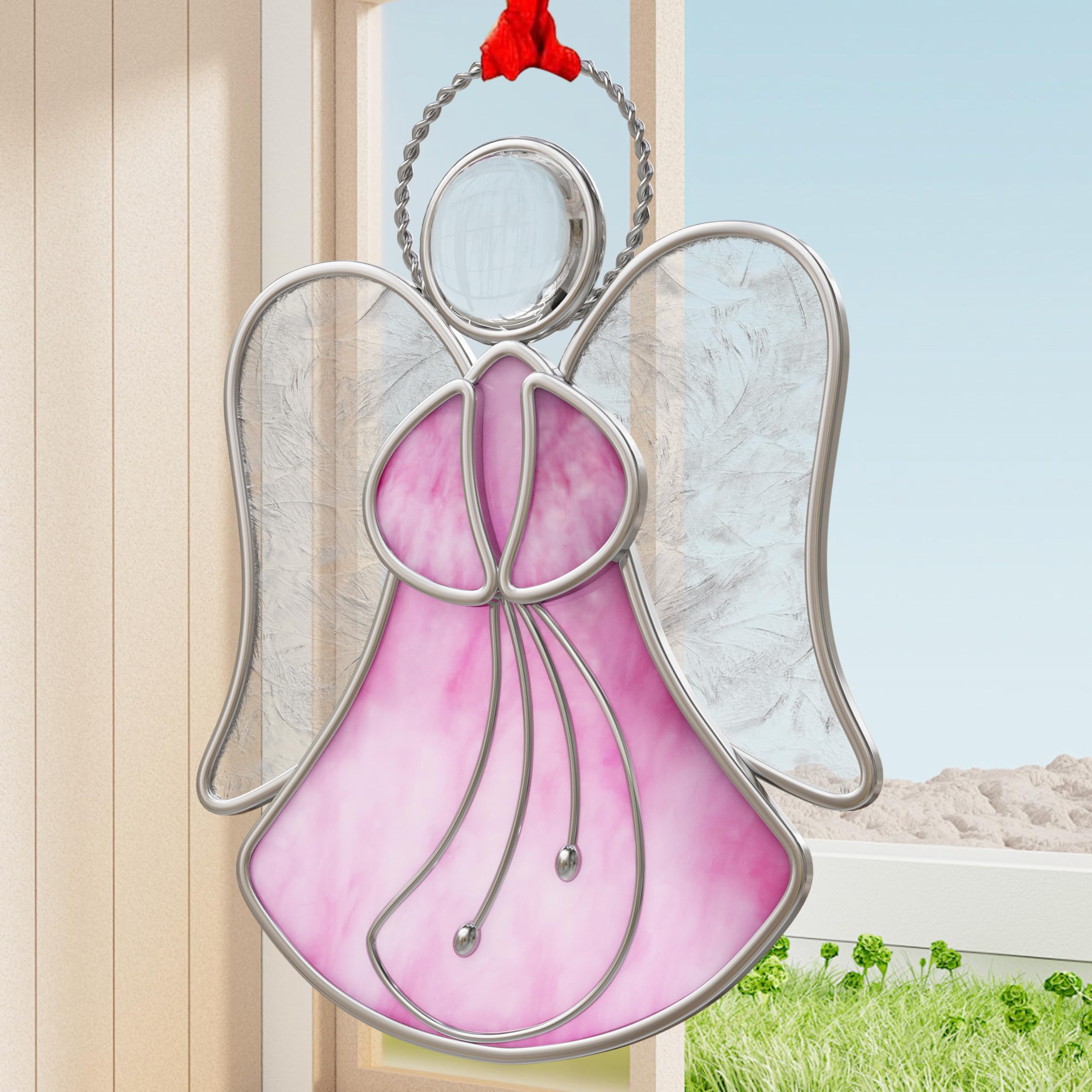 KUNDGLA Stained Glass Panels Pink Angel Suncatchers Panels hangings for Windows oranment Mom Gifts- Gifts for Mom Mothers Day or Garden Windows Christmas Tree Decoration Holiday Decor
