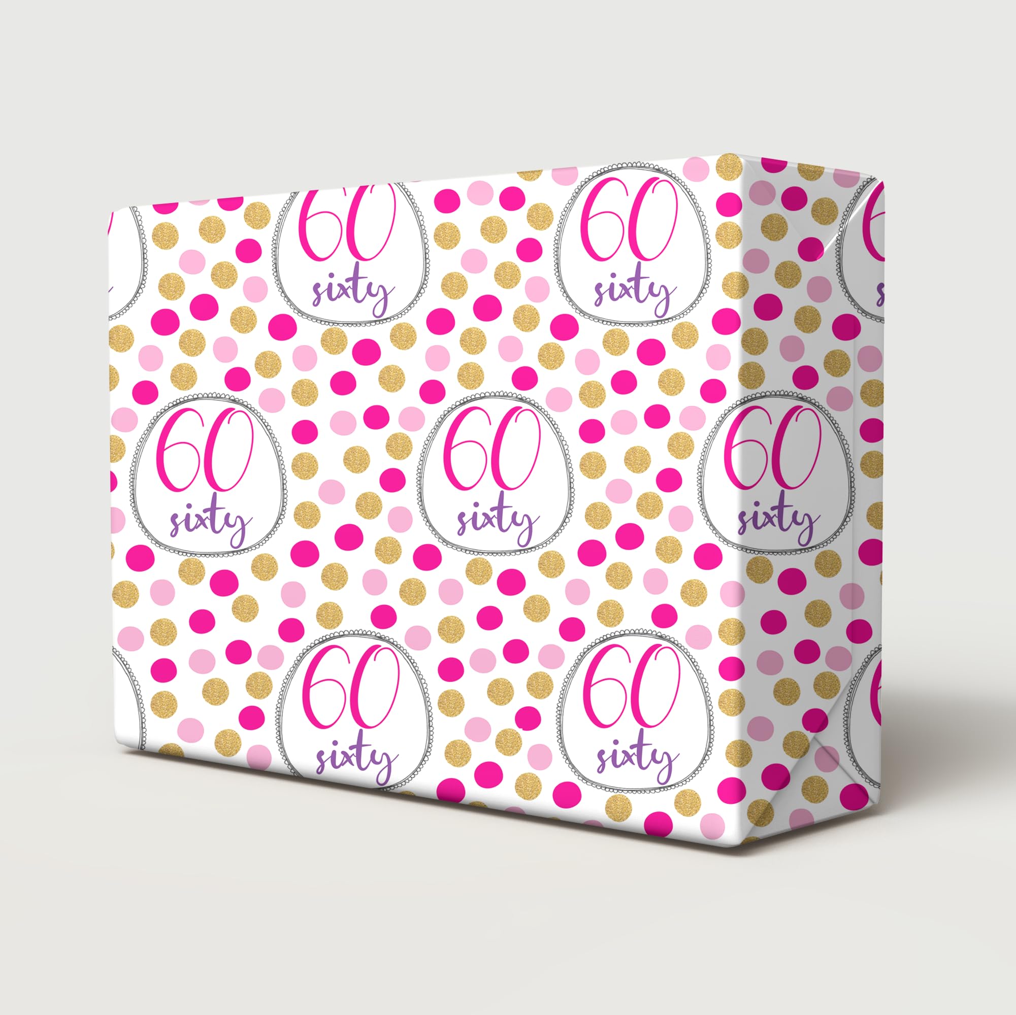 2 Sheets 2 Tags 60th Birthday Pink Gold Polka Dots Female Wrapping Paper Age 60 Birthday Ladies Giftwrap (PA)