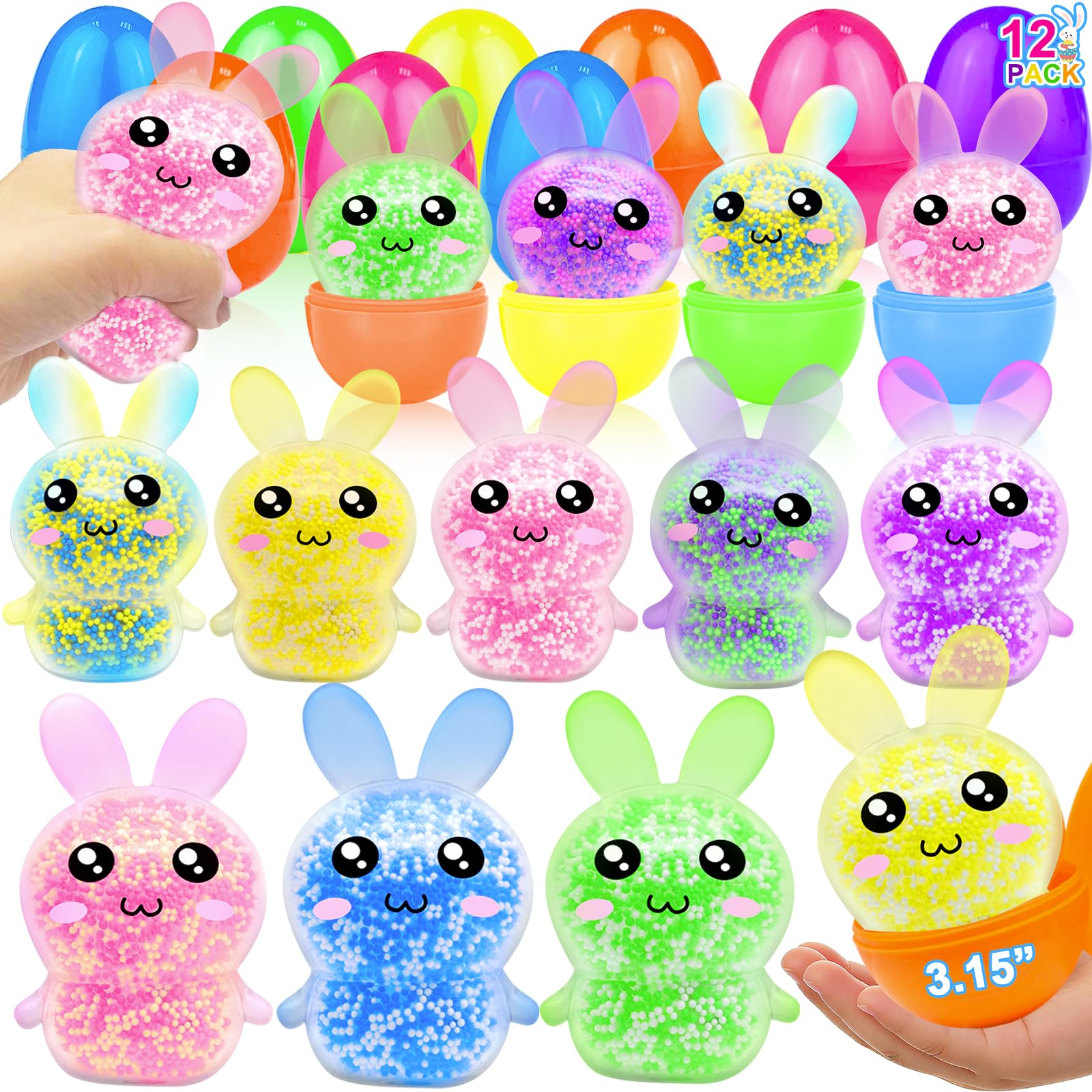 12 Pack 3.5”Large Easter Eggs Filled with Bunny Stress Ball Fidget Toy 8 Colors Squeeze Squishy Relief Toy for Kids Boys Girls,Easter Basket Stuffers Easter Egg Hunt Party Favors Gifts Classroom Prize