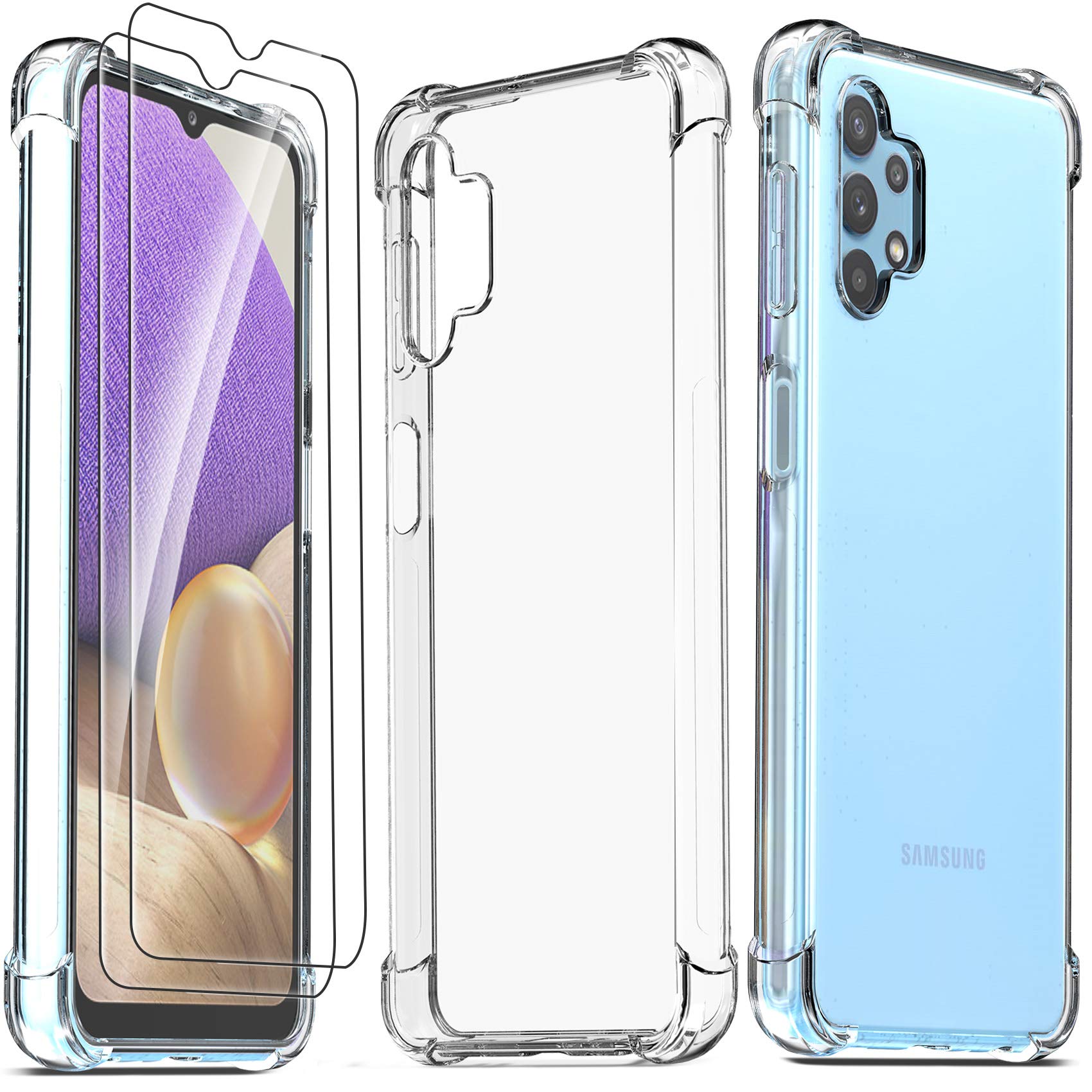 Ferilinso Case + 2 Pack Screen Protector Tempered Glass for Samsung Galaxy A32 5G [Shockproof Clear Silicone Cover] [Military Grade Protection] [10X Anti-Yellowing] [Full Body Coverage] — image 1