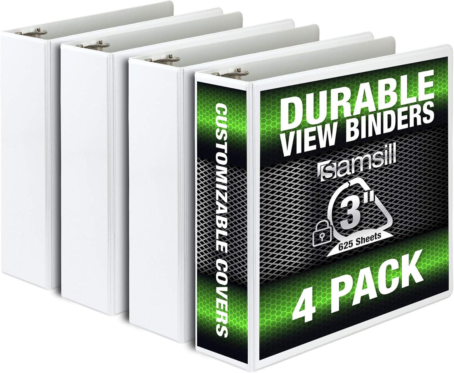 Samsill Durable 3 Inch Binder White D-Ring Binder/Customizable Clear View Binder/Bulk Binder 4 Pack/White 3 Ring Binder 3 inch