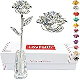 LovFaith Valentine Gift Real Rose Dipped Thick Sterling Silver with Crystal Stand, Best 25th Anniversary Silver Rose Gift for Her Wife Mother Birthday Christmas (B2. Sterling Silver -Blooming)