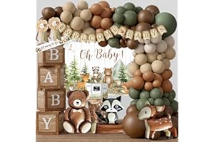 MONNBERRY Woodland Animals Baby Shower Decoration Party Supplies, Forest Animal Neutral Gender Reveal Party Decorations, Backdrop Balloon Arch Box Mom to Be Sash Dad to Be Pin Tablecloths Cake Topper