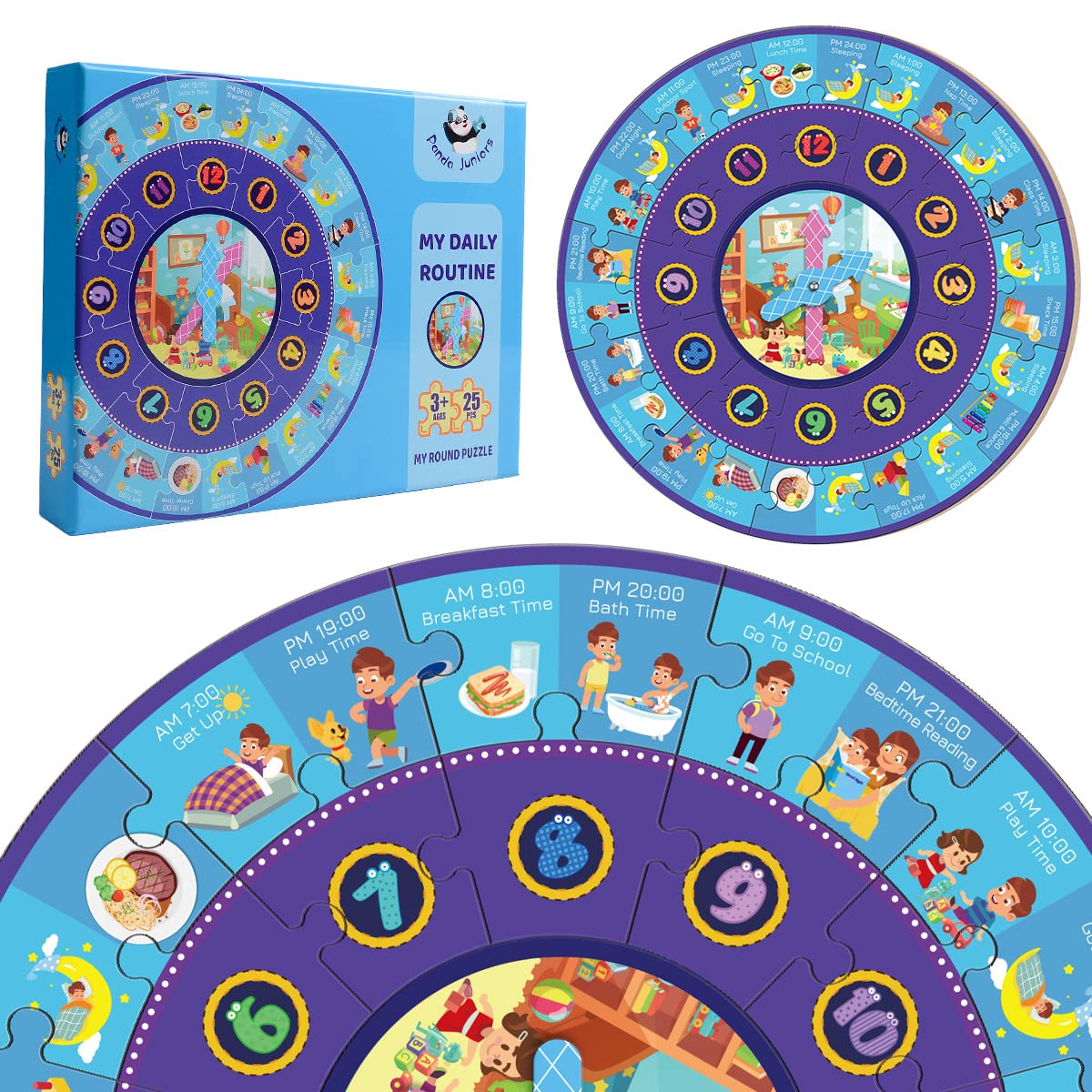 My Daily Routine Clock Puzzle for Kids Ages 3+ | Montessori Round Time Game with Rotating Dial – 25-Piece Educational Toy by Panda Juniors | Learn Time, Build Habits, Have Fun – Child-Safe & Durable