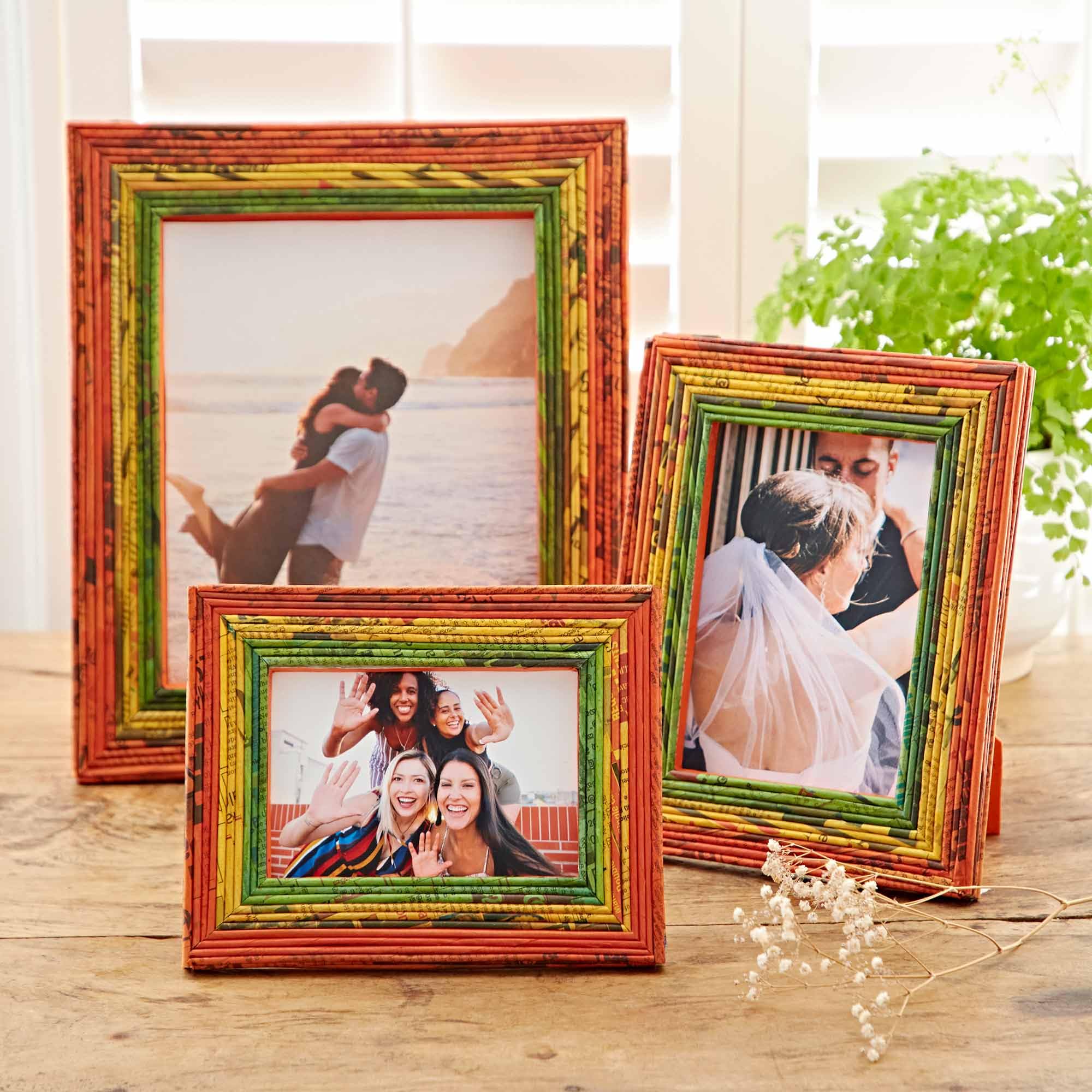 Recycled Newspaper Photo Frame - Orange/Yellow/Green | 7 x 5 Inches | Sustainable Picture Frame | Handmade Colourful Frames | Fair Trade Gifts for Men and Women