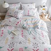 BuLuTu Floral Bird Print Pattern Girls Duvet Cover Twin White Premium Cotton Nature Blossom Colorful Reversible Kids Bedroom Comforter Cover Bedding Sets for Teen Toddler,Zipper Closure