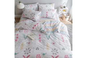 BuLuTu Floral Bird Print Pattern Girls Duvet Cover Full White Premium Cotton Nature Blossom Colorful Reversible Kids Bedroom Comforter Cover Bedding Sets for Teen Toddler,Zipper Closure