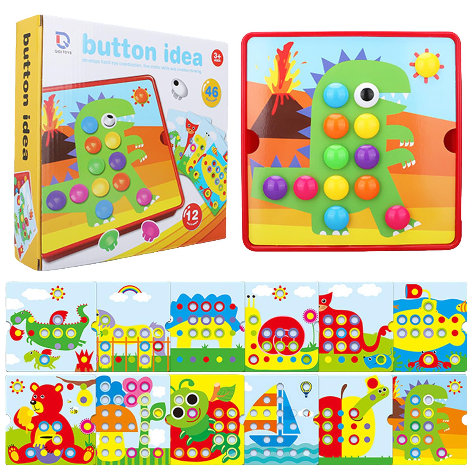 DiiWmme Fine Motor Skills Toys for Toddlers 1-3, Button Art Toy with 46 Pegs and 12 Cards, Montessori Learning Games for 2-4 Year Olds, Color Matching Puzzles for Preschool Boys and Girls (Style B)