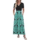 AUSELILY Maxi Dresses for Women Ankle Length Floral Print Beach Long Flowy Dress with Pockets