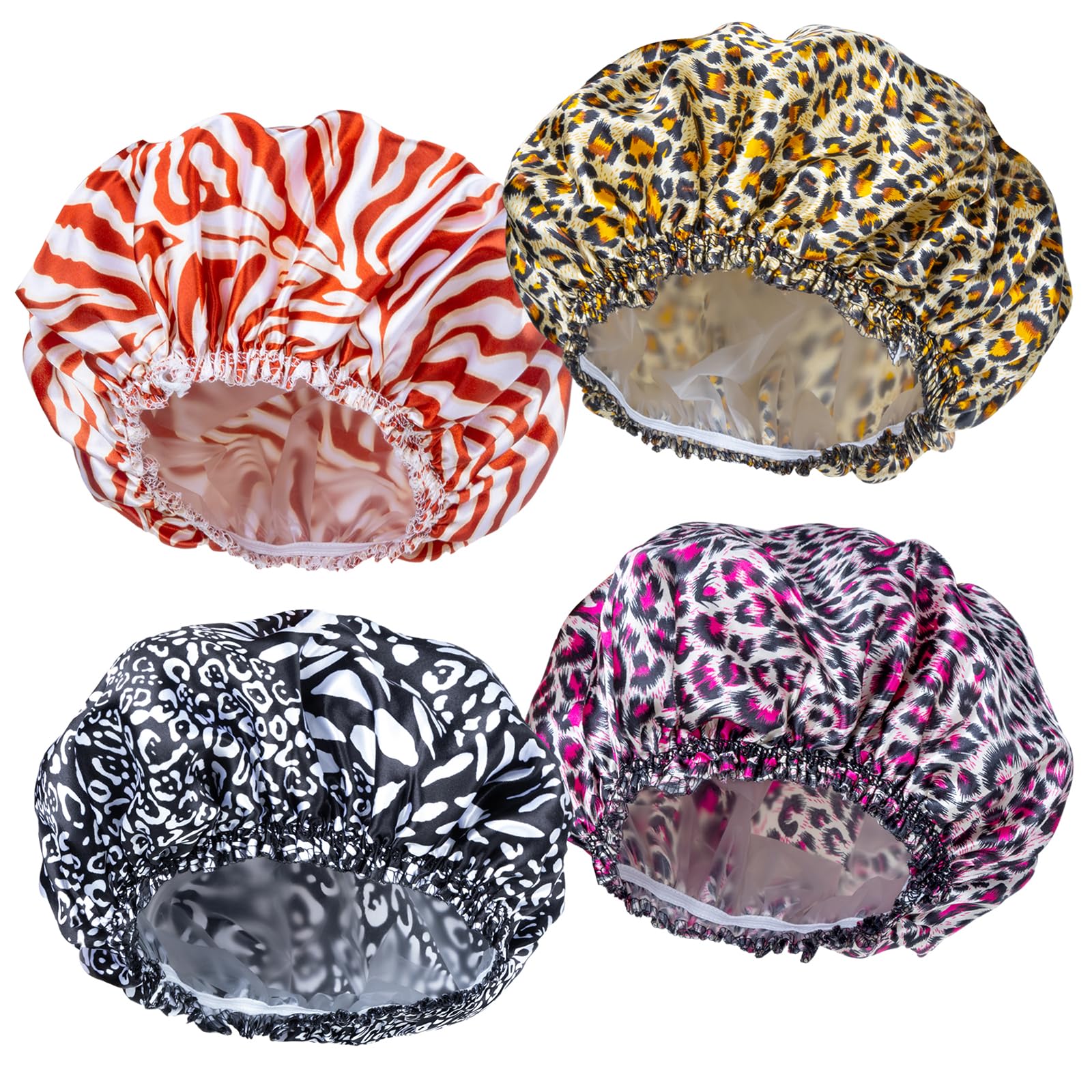 Photo 1 of 4 PCS Shower Caps for Women, Elastic and Reusable Bath Caps, Double Waterproof Layers Shower Cap, Bathing Shower Caps, Environmental Protection Hair Bath Hat - Printed Color