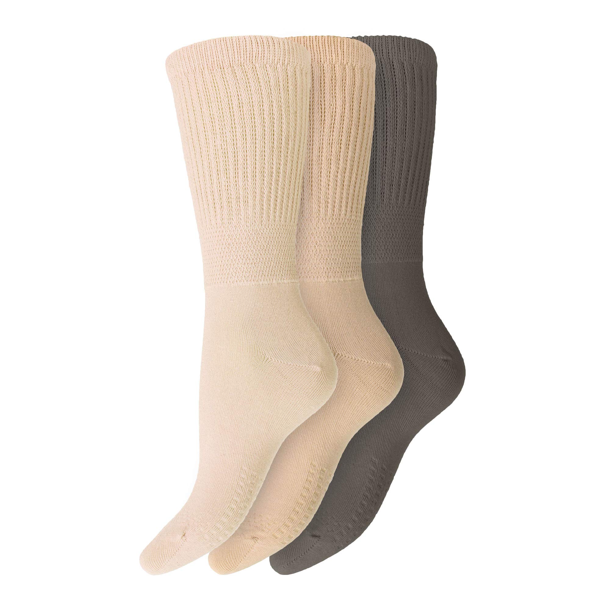 Ladies Non Elastic Diabetic Socks 4-8 Hand Linked Toe Seam 80% Cotton Soft Extra Wide Top Grip (Pack of 3) (4-8, Assorted) (Browns)