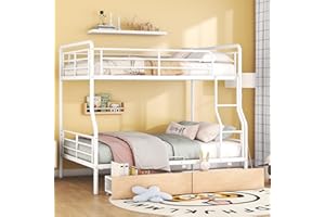 Favfurish Full Over Queen Metal Bunk Bed with 2 Storage Drawers,Contemporary Iron-Crafted Bed Frame,w/Ladder & Full Length Gridded Guardrails,No Box Spring Needed,for Bedroom Guest Room,White