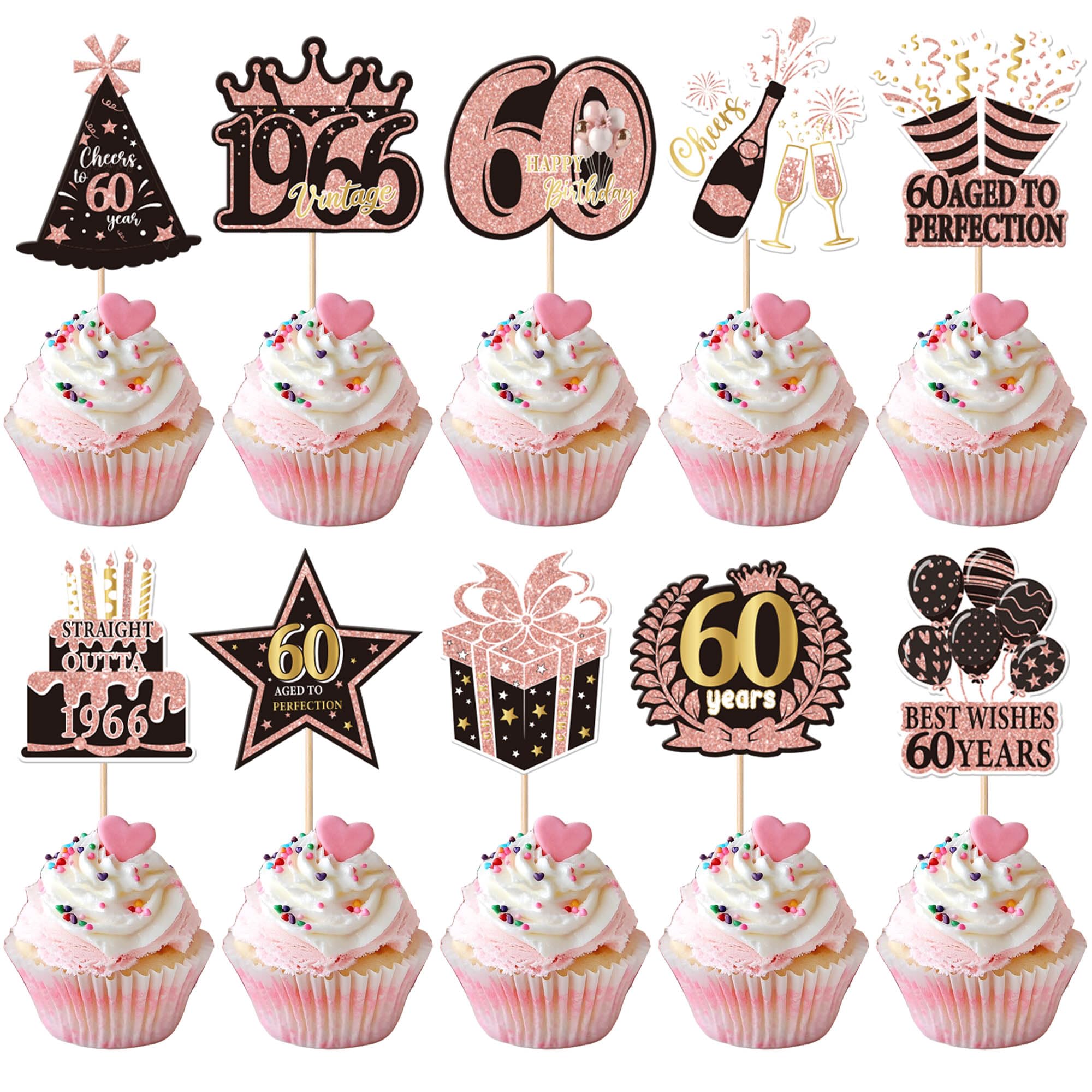 Xsstarmi 40 Pack 60th Birtday Cupcake Toppers Straight Outta 1956 Best Wishes 60 Years Aged to Perfection Cupcake Picks for Cheers to 60 Birthday Party Cake Decorations Supplies