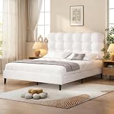BarnFurin Queen Bed Frame, Soft Teddy Cloud Boucle Headboard, White | Removable Headboard, Fan-Shaped Stitching, Sturdy Metal Legs Support, Noise-Free, No Box Spring, Easy Assembly