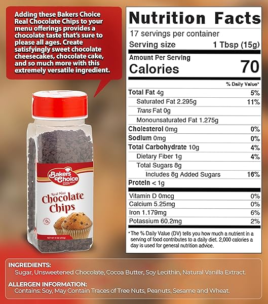 SEMI-SWEET MINI CHOCOLATE CHIPS – DAIRY FREE, KOSHER – 9 OZ. – BAKER’S CHOICE